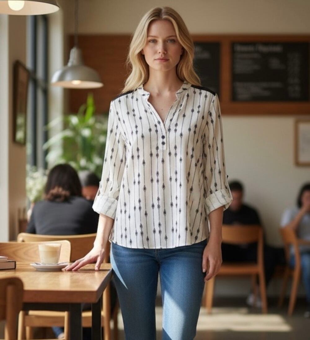 Cure White n Black diamonds blouse V-neck with 3/4 length Tab Sleeves Blouse L